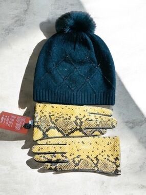 NEW Vera Wang Snake Wool|Cashmere Leather Gloves & Black 💯%Wool Bonnie Size OS|M